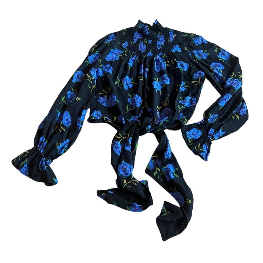 Nicholas Lola Floral Long Sleeve Blouse Shirt Top Silk Tie Front Size Large